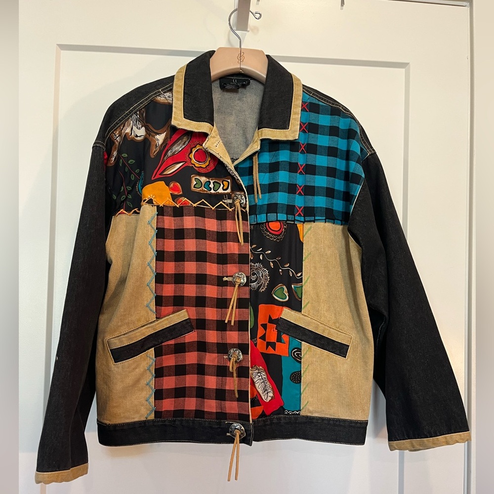 Carole Little Vtg 90s Patchwork denim jacket Southwestern/Western concho buttons